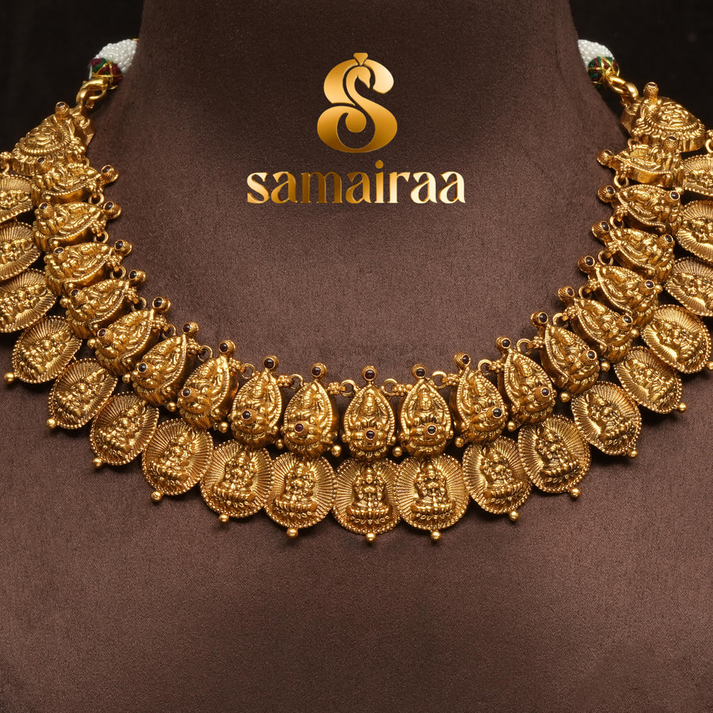 Antique temple kasumala necklace in 92.5 silver with Lakshmi motifs, handcrafted south indian bridal jewellery with premium gold finish and traditional heritage design by Sri Fine Jewellery Punjagutta Hyderabad.