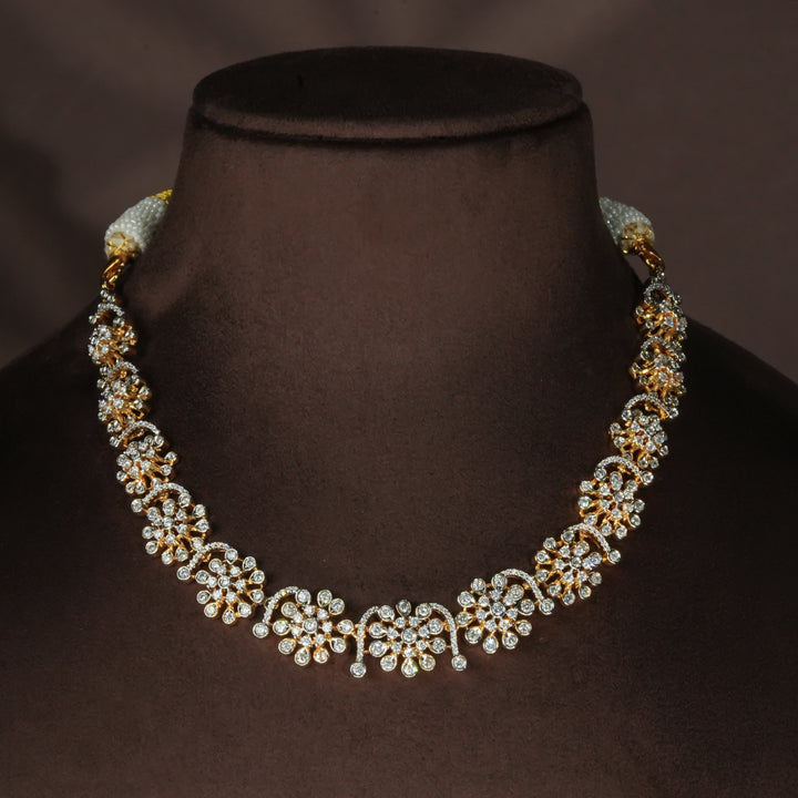 Luxury diamond-look silver cz necklace with premium cz stones in 92.5 silver, bridal wedding jewellery with gold finish by Sri Fine Jewellery Punjagutta Hyderabad.