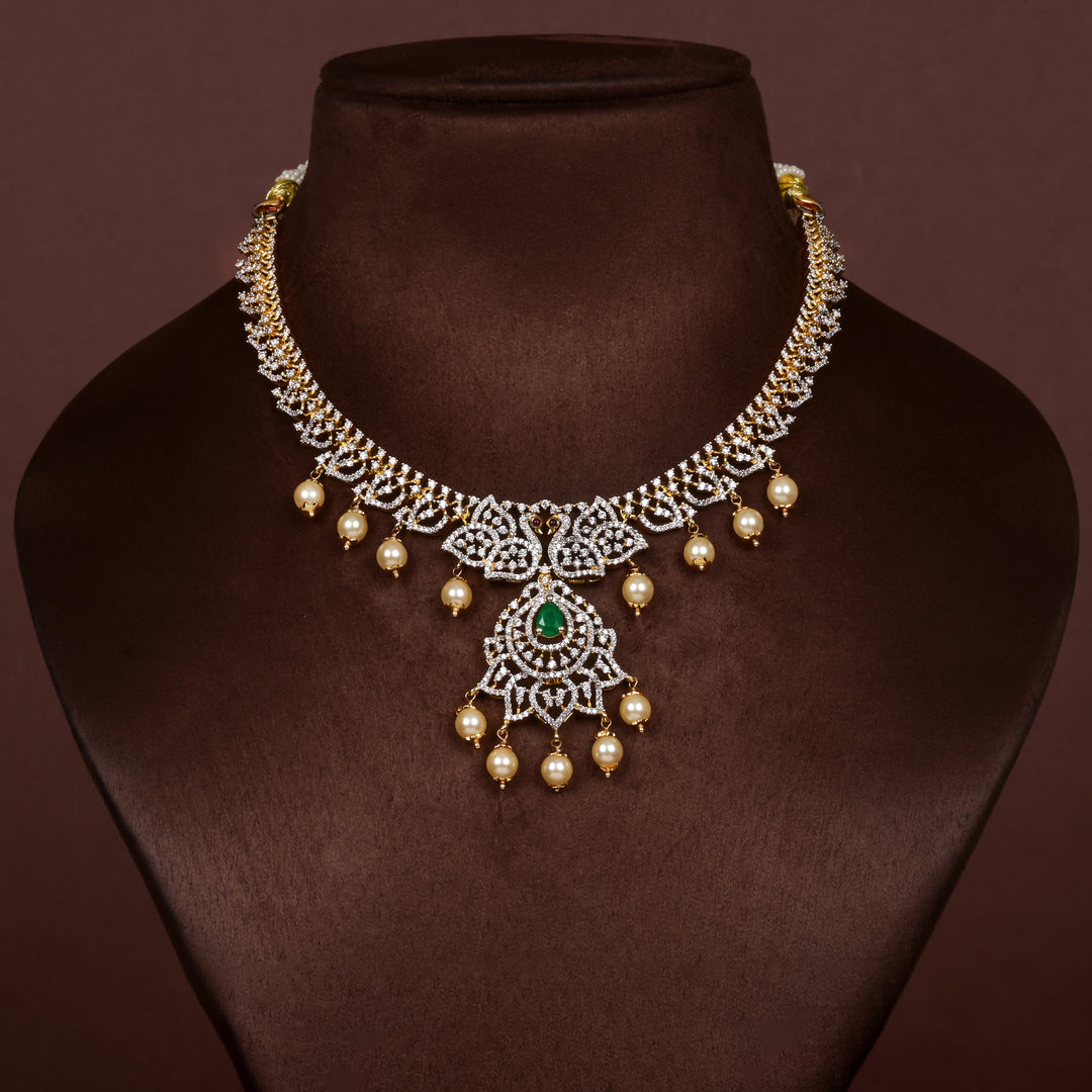 Hriday collection of 92.5 silver short necklace with CZ stones, intricate  design for bridal and festive wear by Sri fine jewellery, Hyderabad.
(https://www.srifinejewellery.com)