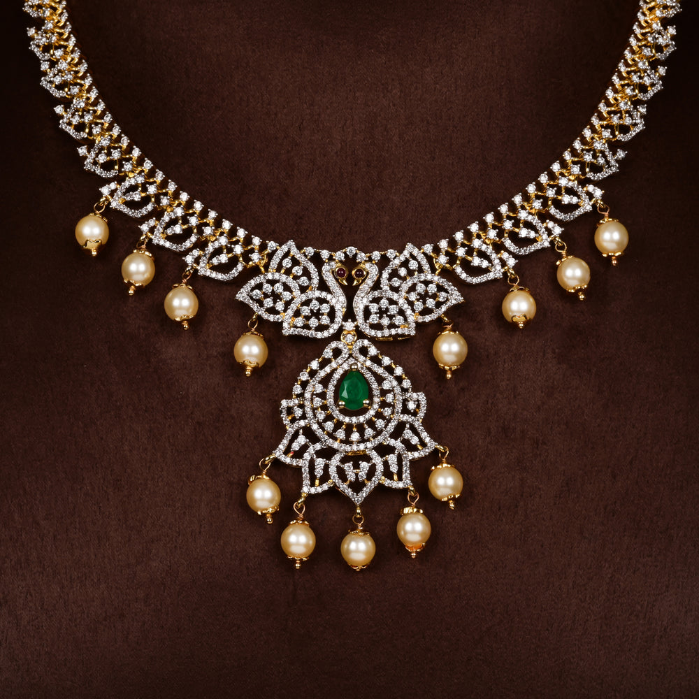 Close-up of Hriday collection of 92.5 silver short necklace with CZ stones, intricate  design for bridal and festive wear by Sri fine jewellery, Hyderabad.
(https://www.srifinejewellery.com)