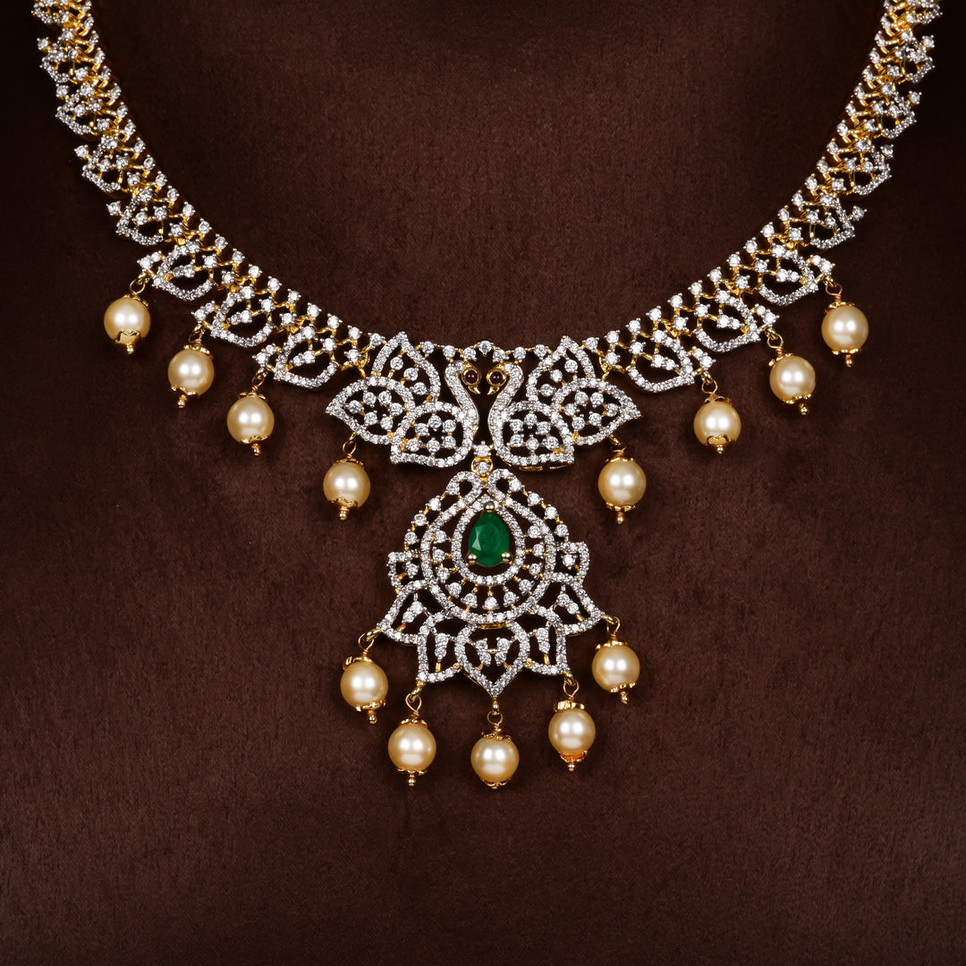 Close-up of Hriday collection of 92.5 silver short necklace with CZ stones, intricate  design for bridal and festive wear by Sri fine jewellery, Hyderabad.
(https://www.srifinejewellery.com)