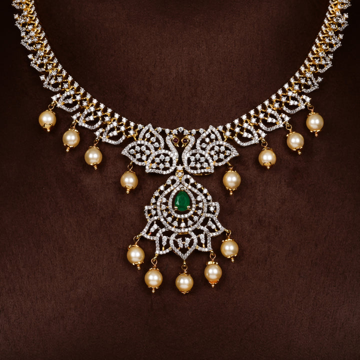 Close-up of Hriday collection of 92.5 silver short necklace with CZ stones, intricate  design for bridal and festive wear by Sri fine jewellery, Hyderabad.
(https://www.srifinejewellery.com)