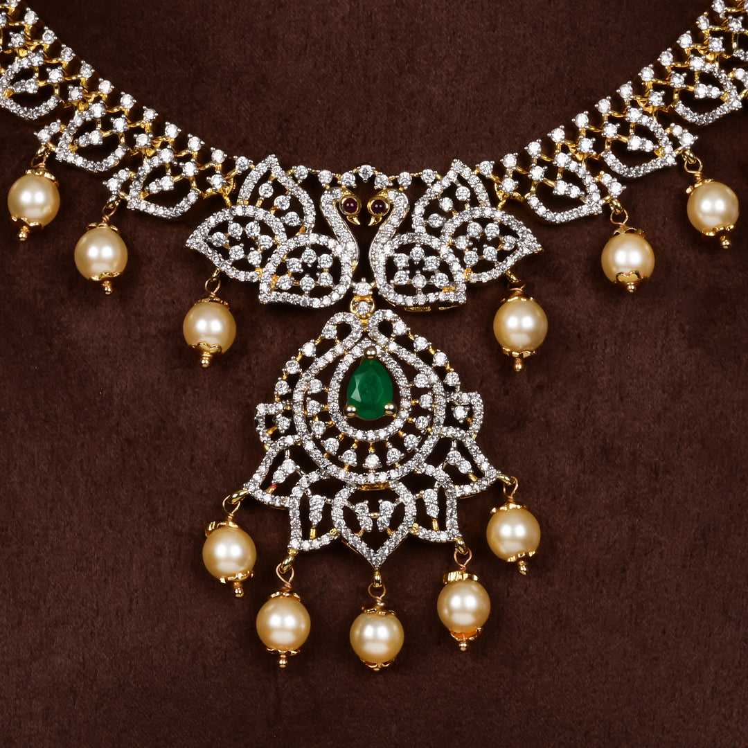 Close-up of Hriday collection of 92.5 silver short necklace with CZ stones, intricate  design for bridal and festive wear by Sri fine jewellery, Hyderabad.
(https://www.srifinejewellery.com)