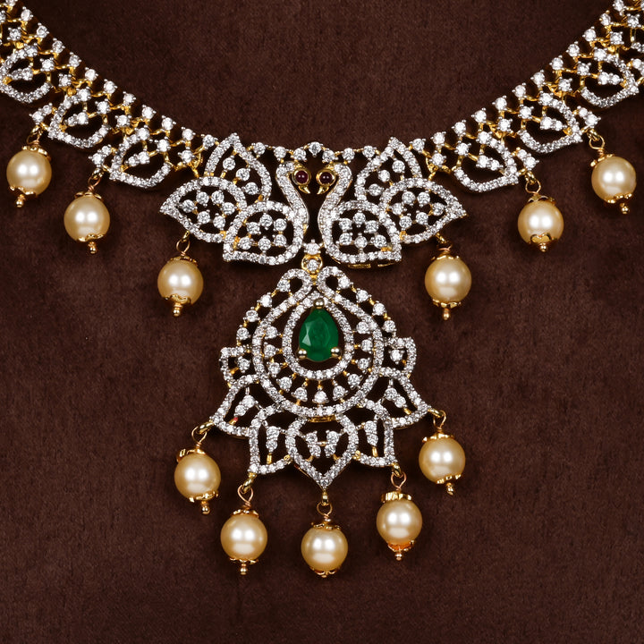 Close-up of Hriday collection of 92.5 silver short necklace with CZ stones, intricate  design for bridal and festive wear by Sri fine jewellery, Hyderabad.
(https://www.srifinejewellery.com)