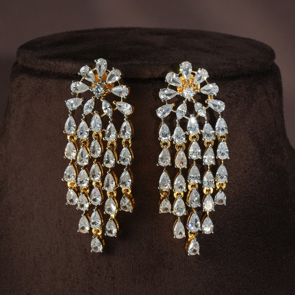 Luxury diamond-look silver earrings with premium cz stones in 92.5 silver, bridal wedding jewellery with gold finish by Sri Fine Jewellery Punjagutta Hyderabad.
