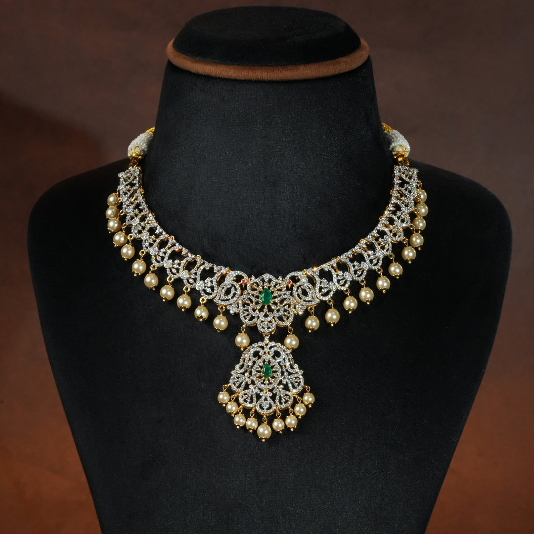Full view of premium 92.5 silver cz emerald necklace with intricate peacock design and pearl drops by Sri Fine Jewellery, Hyderabd (https://srifinejewellery.com)