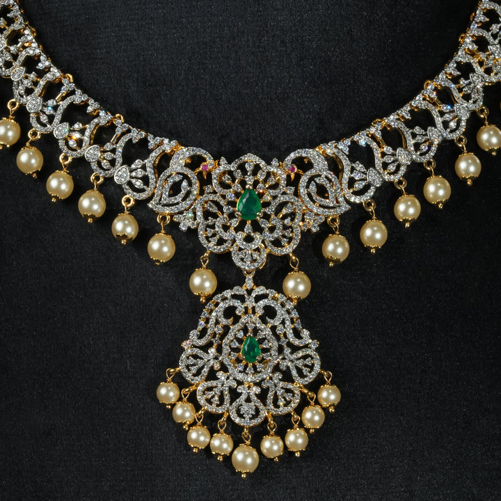 Front close-up view of premium 92.5 silver cz emerald necklace with intricate detailing and pearl drops by Sri Fine Jewellery, Hyderabd
(https://srifinejewellery.com)