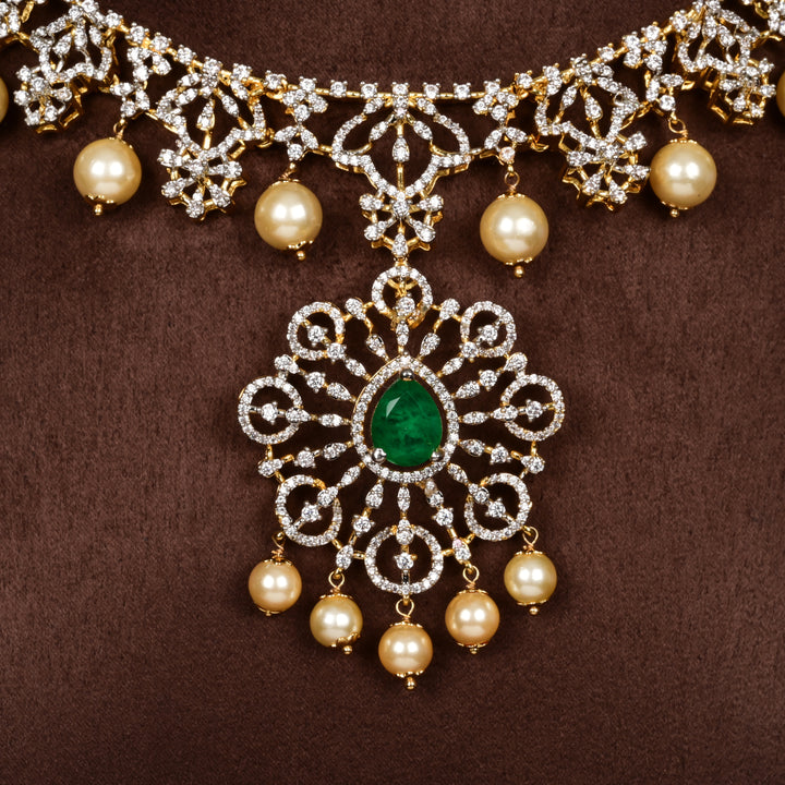 Close-up of Hriday collection of 92.5 silver short necklace with CZ stones, intricate  design for bridal and festive wear by Sri fine jewellery, Hyderabad.
(https://www.srifinejewellery.com)