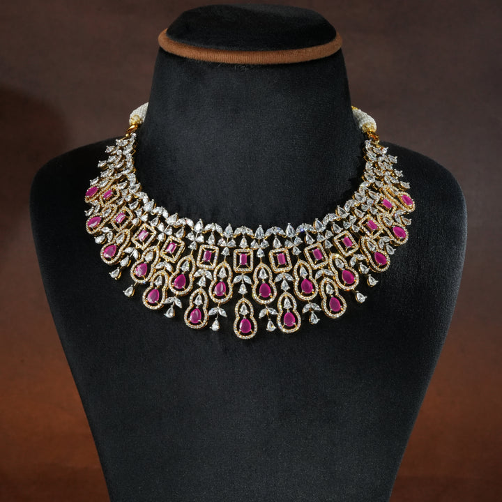 Handcrafted designer 92.5 silver cz ruby necklace with premium cz stones and semi precious ruby embellishments. Perfect for bridal wear, festive occasions, weddings, and traditional ethnic styling.
Sri fine jewellery, Hyderabad. 