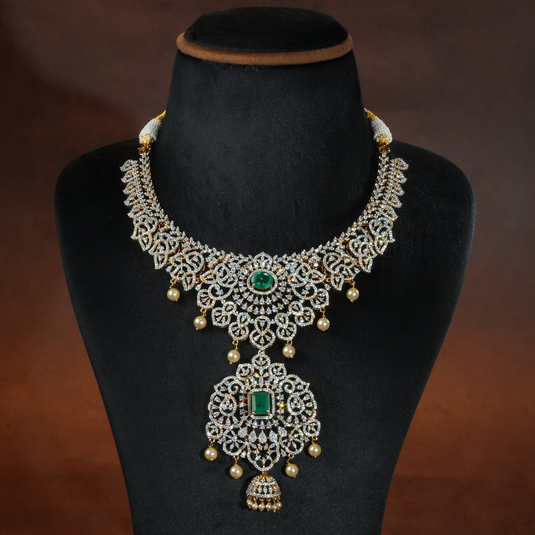 Handcrafted designer 92.5 silver cz emerald necklace with premium cz stones, semi precious emerald embellishments and floral motifs . Perfect for bridal wear, festive occasions, weddings, and traditional ethnic styling.
Sri fine jewellery, Hyderabad. 