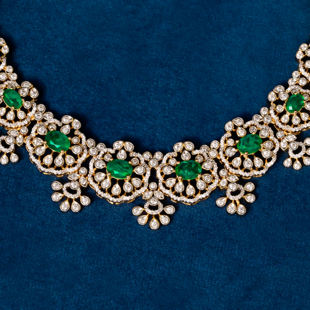Handcrafted designer 92.5 silver cz emerald necklace with premium cz stones, semi precious emerald embellishments and floral motifs . Perfect for bridal wear, festive occasions, weddings, and traditional ethnic styling.
Sri fine jewellery, Hyderabad. 