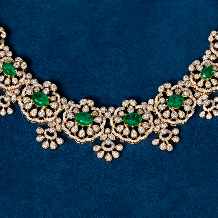 Handcrafted designer 92.5 silver cz emerald necklace with premium cz stones, semi precious emerald embellishments and floral motifs . Perfect for bridal wear, festive occasions, weddings, and traditional ethnic styling.
Sri fine jewellery, Hyderabad. 
