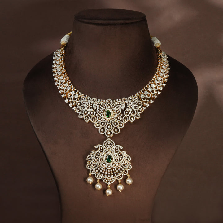 Handcrafted designer 92.5 silver cz emerald necklace with premium cz, semi precious emerald embellishments and mango motifs . Perfect for bridal wear, festive occasions, weddings, and traditional ethnic styling.
Sri fine jewellery, Hyderabad. 