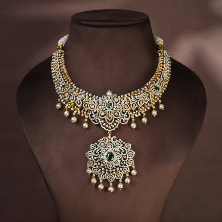 Handcrafted designer 92.5 silver cz emerald necklace with premium cz, semi precious emerald embellishments and peacock motifs. Perfect for bridal wear, festive occasions, weddings, and traditional ethnic styling.
Sri fine jewellery, Hyderabad. 