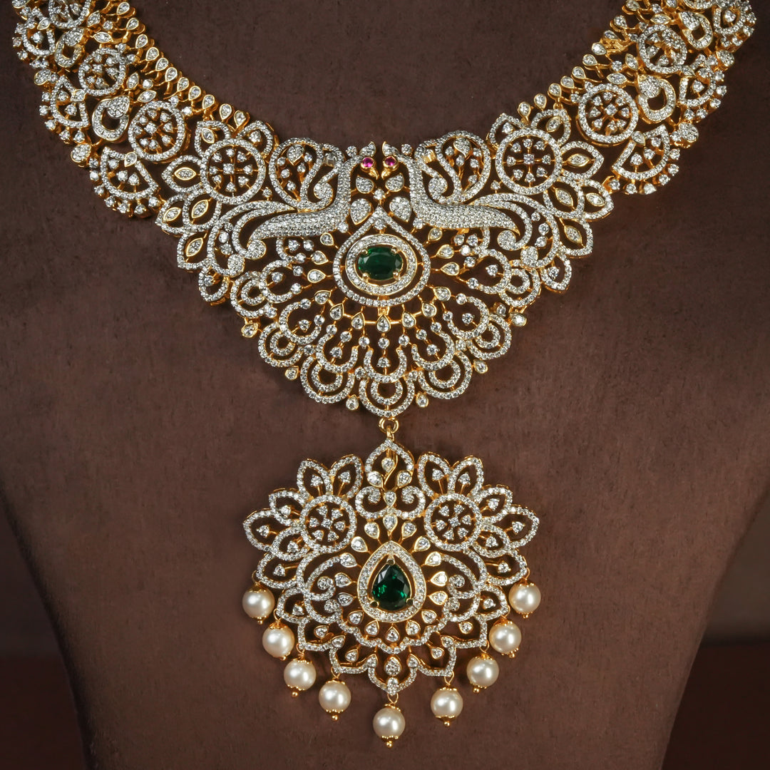 Close-up view of handcrafted designer 92.5 silver cz emerald necklace with premium cz and semi precious emerald embellishments . Perfect for bridal wear, festive occasions, weddings, and traditional ethnic styling.
Sri fine jewellery, Hyderabad. 