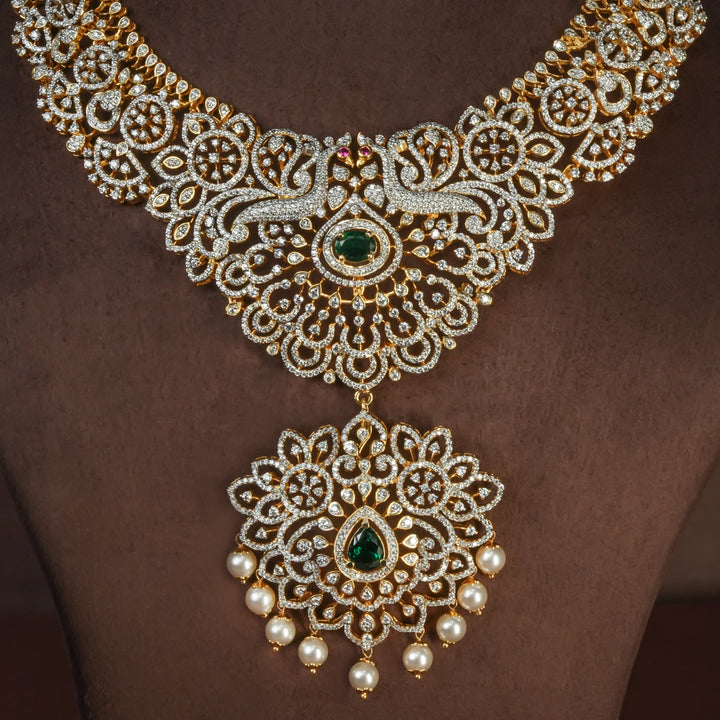 Close-up view of handcrafted designer 92.5 silver cz emerald necklace with premium cz and semi precious emerald embellishments . Perfect for bridal wear, festive occasions, weddings, and traditional ethnic styling.
Sri fine jewellery, Hyderabad. 