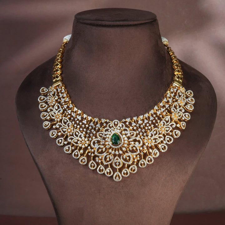 Handcrafted designer 92.5 silver cz emerald necklace with premium cz and semi precious emerald embellishments . Perfect for bridal wear, festive occasions, weddings, and traditional ethnic styling.
Sri fine jewellery, Hyderabad. 