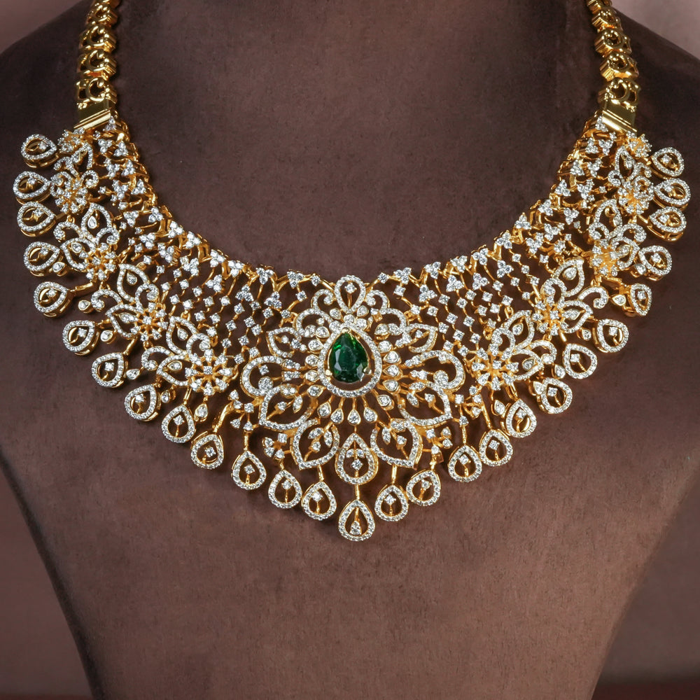 Handcrafted designer 92.5 silver cz emerald necklace with premium cz and semi precious emerald embellishments . Perfect for bridal wear, festive occasions, weddings, and traditional ethnic styling.
Sri fine jewellery, Hyderabad. 