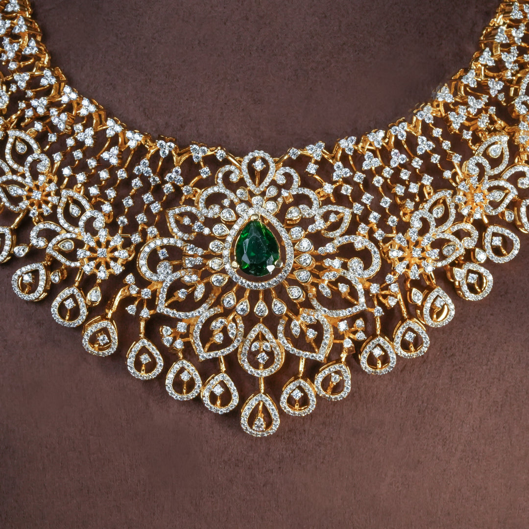 Close-up view of handcrafted designer 92.5 silver cz emerald necklace with premium cz and semi precious emerald embellishments . Perfect for bridal wear, festive occasions, weddings, and traditional ethnic styling.
Sri fine jewellery, Hyderabad. 