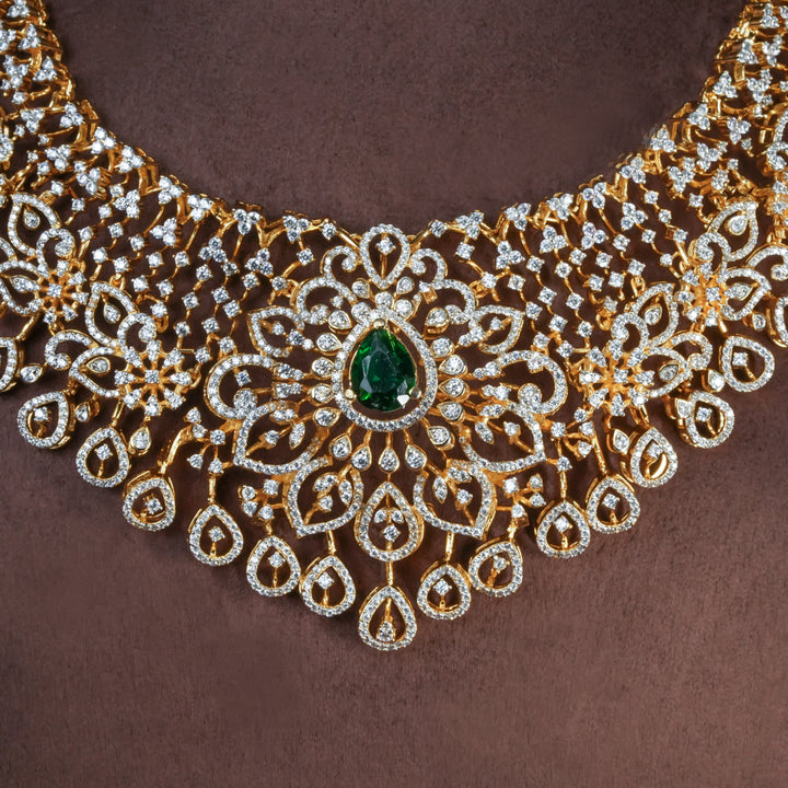 Close-up view of handcrafted designer 92.5 silver cz emerald necklace with premium cz and semi precious emerald embellishments . Perfect for bridal wear, festive occasions, weddings, and traditional ethnic styling.
Sri fine jewellery, Hyderabad. 