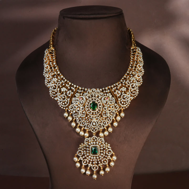 Handcrafted designer 92.5 silver cz emerald necklace with premium cz and semi precious emerald embellishments . Perfect for bridal wear, festive occasions, weddings, and traditional ethnic styling.
Sri fine jewellery, Hyderabad. 