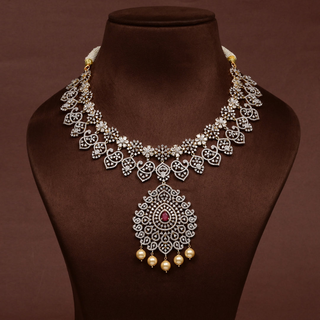 Hriday collection of  92.5 silver short necklace with CZ stones, intricate floral motifs, and pendant design for bridal and festive wear by Sri Fine Jewellery, Hyderabad