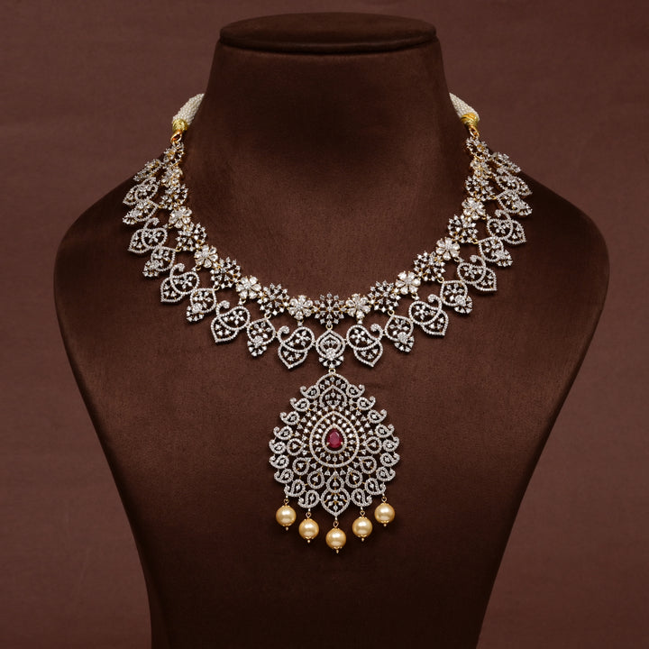 Hriday collection of  92.5 silver short necklace with CZ stones, intricate floral motifs, and pendant design for bridal and festive wear by Sri Fine Jewellery, Hyderabad