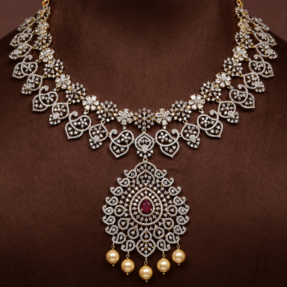 Close-up of Hriday collection of  92.5 silver short necklace with CZ stones, intricate floral motifs, and pendant design for bridal and festive wear by Sri Fine Jewellery, Hyderabad