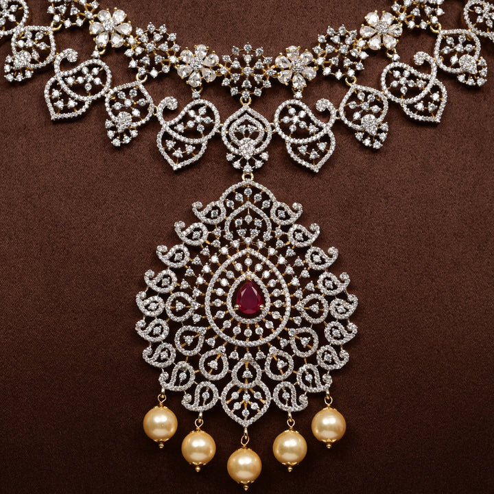 Close-up of Hriday collection of  92.5 silver short necklace with CZ stones, intricate floral motifs, and pendant design for bridal and festive wear by Sri Fine Jewellery, Hyderabad