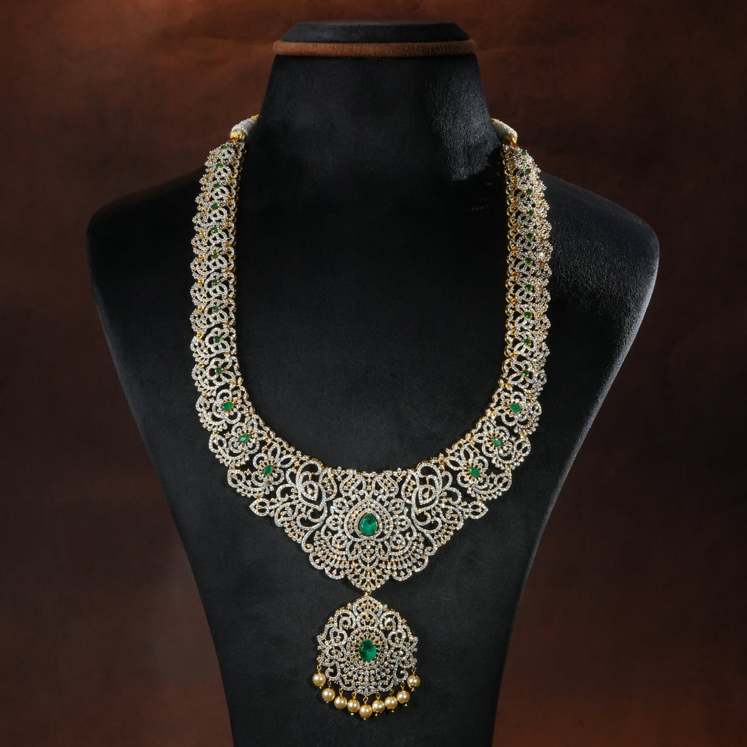 Luxury bridal necklace set in 92.5 silver with semi-precious emerald stones, antique finish and intricate design, handcrafted wedding jewellery for brides by Sri Fine Jewellery, Hyderabd(https://srifinejewellery.com)