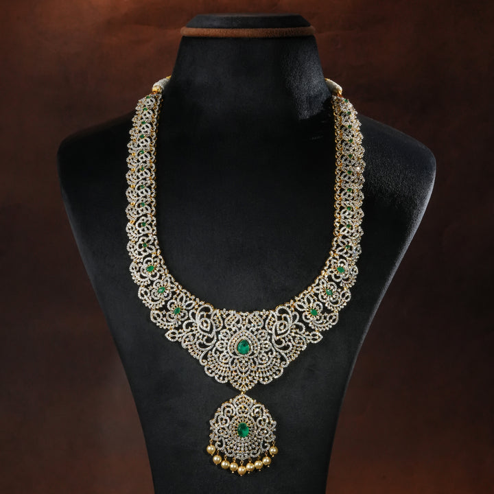 Luxury bridal necklace set in 92.5 silver with semi-precious emerald stones, antique finish and intricate design, handcrafted wedding jewellery for brides by Sri Fine Jewellery, Hyderabd(https://srifinejewellery.com)