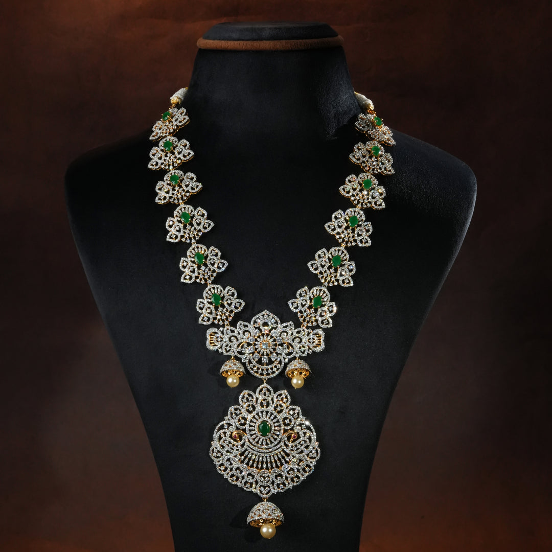 Luxury bridal necklace set in 92.5 silver with semi-precious emerald stones, antique finish and intricate design, handcrafted wedding jewellery for brides by Sri Fine Jewellery, Hyderabd(https://srifinejewellery.com)