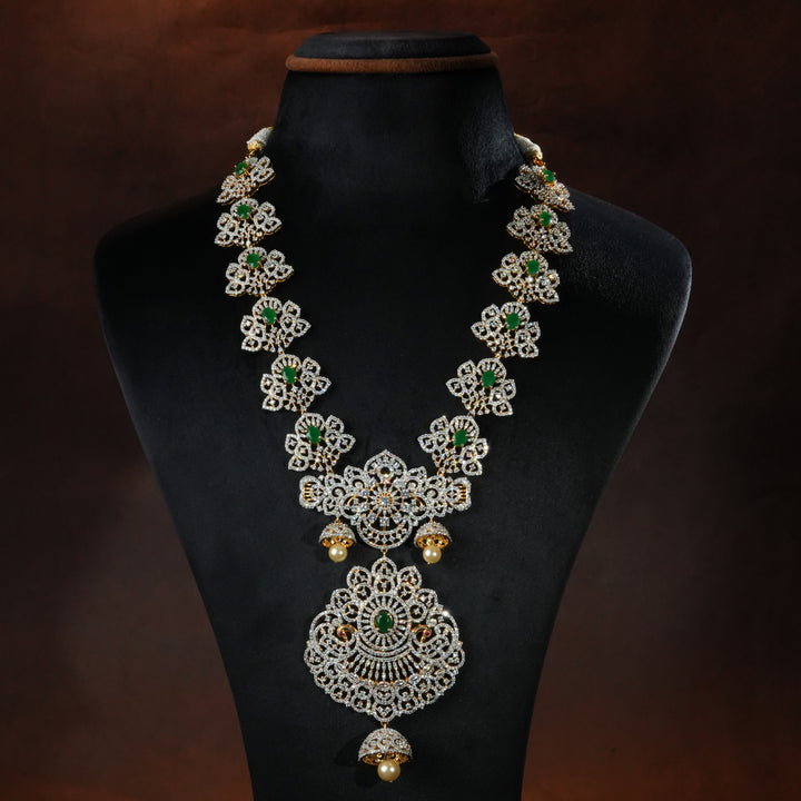Luxury bridal necklace set in 92.5 silver with semi-precious emerald stones, antique finish and intricate design, handcrafted wedding jewellery for brides by Sri Fine Jewellery, Hyderabd(https://srifinejewellery.com)