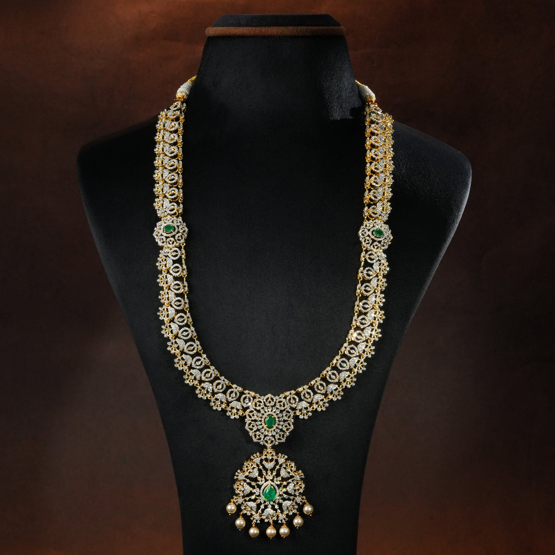Luxury bridal necklace set in 92.5 silver with semi-precious emerald stones, antique finish and intricate design, handcrafted wedding jewellery for brides by Sri Fine Jewellery, Hyderabd(https://srifinejewellery.com)