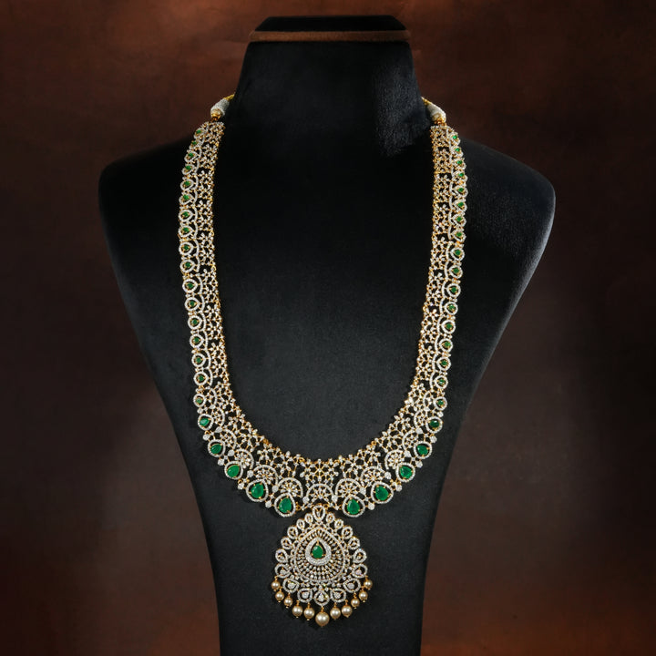 Luxury bridal necklace set in 92.5 silver with semi-precious emerald stones, antique finish and intricate design, handcrafted wedding jewellery for brides by Sri Fine Jewellery, Hyderabd(https://srifinejewellery.com)