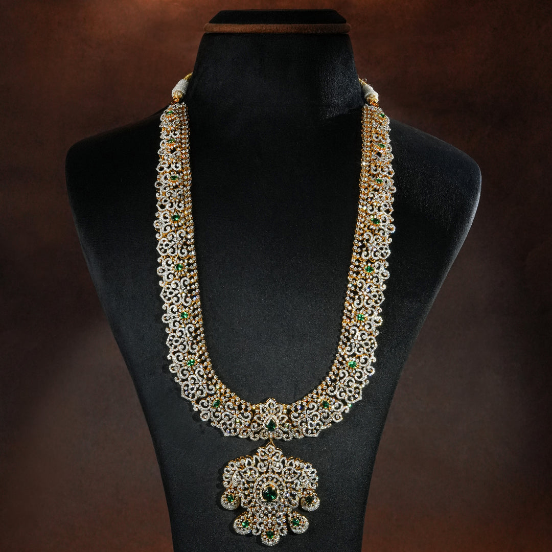 Luxury bridal necklace set in 92.5 silver with semi-precious emerald stones, antique finish and intricate design, handcrafted wedding jewellery for brides by Sri Fine Jewellery, Hyderabd(https://srifinejewellery.com)