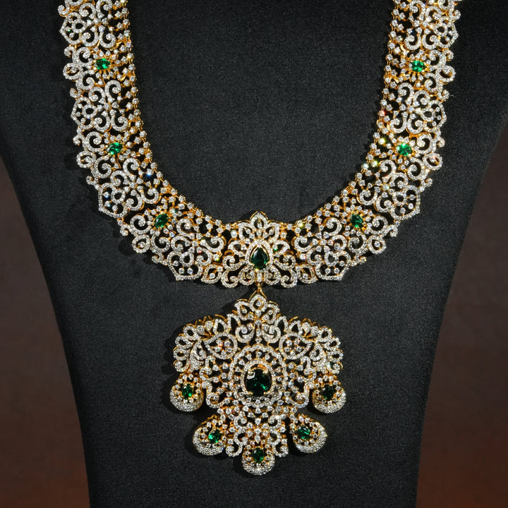 Luxury bridal necklace set in 92.5 silver with semi-precious emerald stones, antique finish and intricate design, handcrafted wedding jewellery for brides by Sri Fine Jewellery, Hyderabd(https://srifinejewellery.com)
