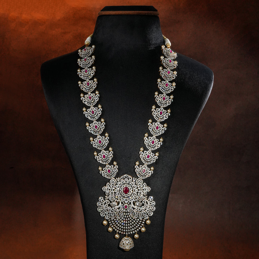 Luxury bridal necklace set in 92.5 silver with semi-precious ruby stones, antique finish and intricate design, handcrafted wedding jewellery for brides by Sri Fine Jewellery, Hyderabd(https://srifinejewellery.com)
