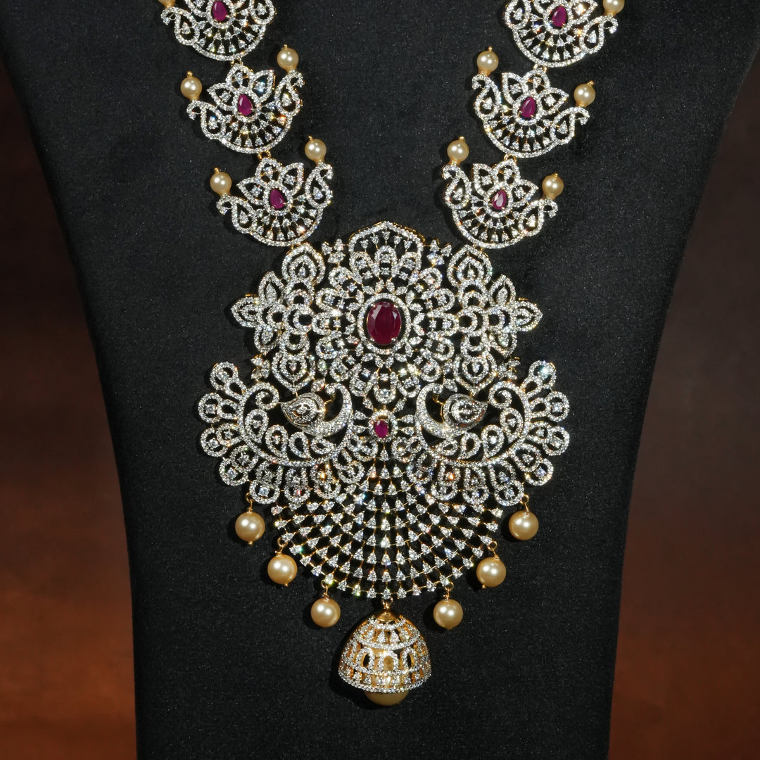Close-up view of luxury bridal necklace set in 92.5 silver with semi-precious ruby stones, antique finish and intricate design, handcrafted wedding jewellery for brides by Sri Fine Jewellery, Hyderabd(https://srifinejewellery.com)