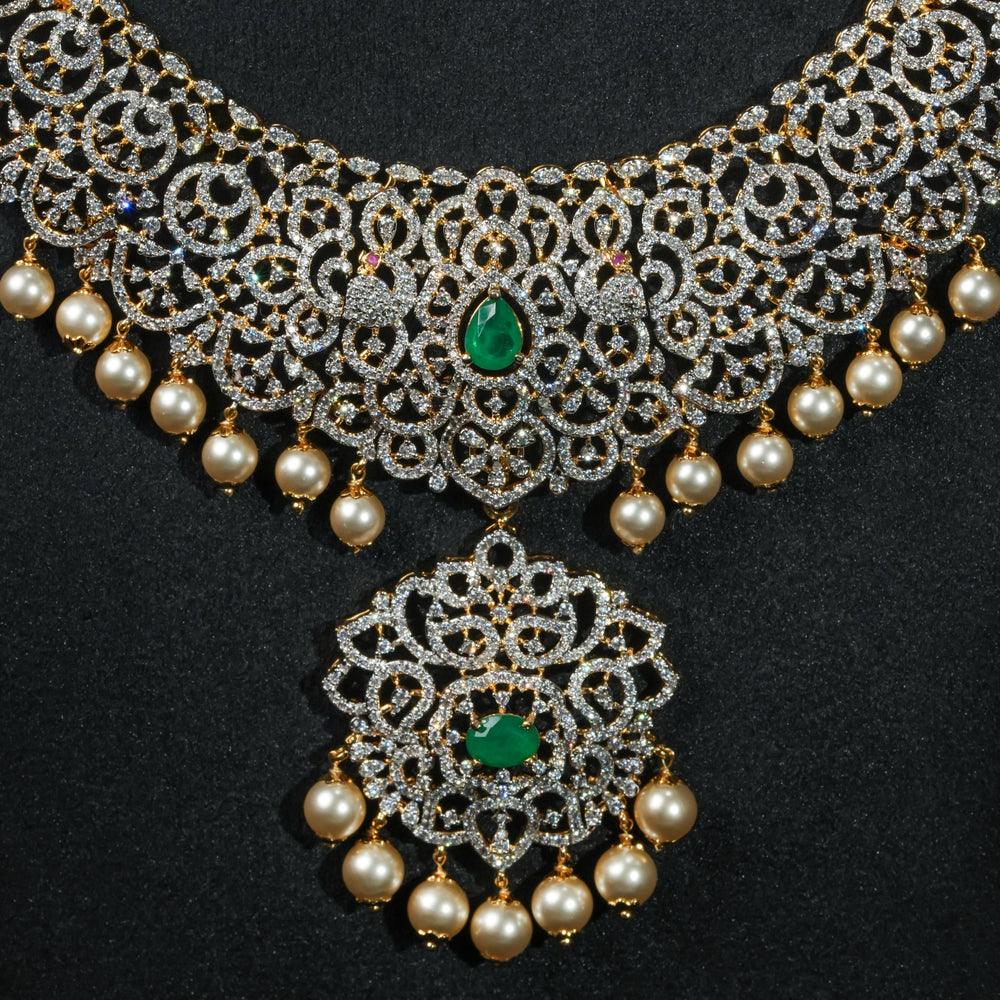 Front close-up view of premium 92.5 silver CZ long haram with intricate detailing and pearl drops by Sri Fine Jewellery, Hyderabd(https://srifinejewellery.com)