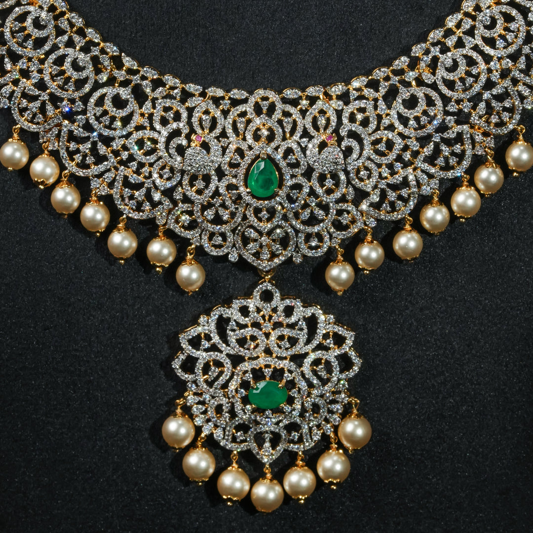 Front close-up view of premium 92.5 silver CZ long haram with intricate detailing and pearl drops by Sri Fine Jewellery, Hyderabd(https://srifinejewellery.com)