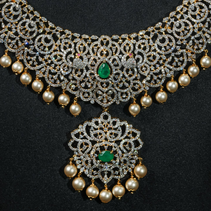 Front close-up view of premium 92.5 silver CZ long haram with intricate detailing and pearl drops by Sri Fine Jewellery, Hyderabd(https://srifinejewellery.com)