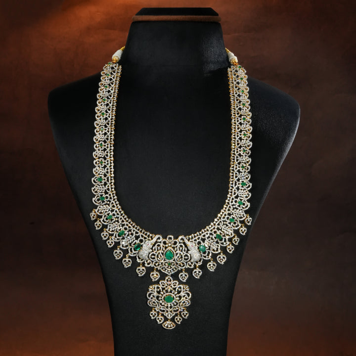 Luxury bridal necklace set in 92.5 silver with semi precious emerald stones, antique finish and intricate design, handcrafted wedding jewellery for brides by Sri Fine Jewellery, Hyderabd(https://srifinejewellery.com)
