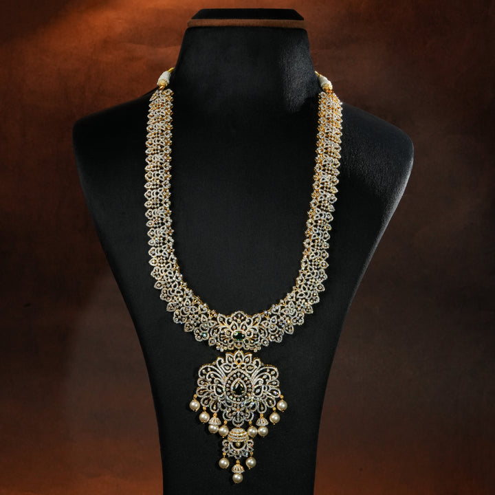 Luxury bridal necklace set in 92.5 silver with emerald green stones, antique finish and intricate design, handcrafted wedding jewellery for brides by Sri Fine Jewellery, Hyderabd(https://srifinejewellery.com)