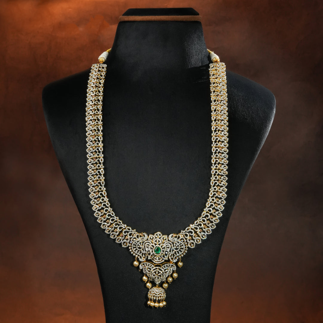Luxury bridal necklace set in 92.5 silver with emerald green stones, antique finish and intricate design, handcrafted wedding jewellery for brides by Sri Fine Jewellery, Hyderabd(https://srifinejewellery.com)