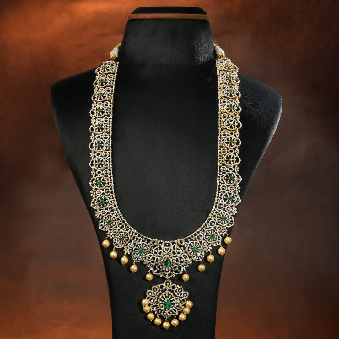 Luxury bridal necklace set in 92.5 silver with emerald green stones, antique finish and intricate design, handcrafted wedding jewellery for brides by Sri Fine Jewellery, Hyderabd(https://srifinejewellery.com)