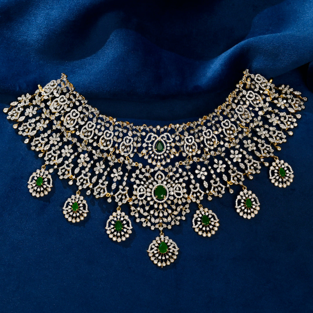 Full view of premium 92.5 silver cz emerald choker with intricate detailing by Sri Fine Jewellery,Hyderabad
(https://srifinejewellery.com)