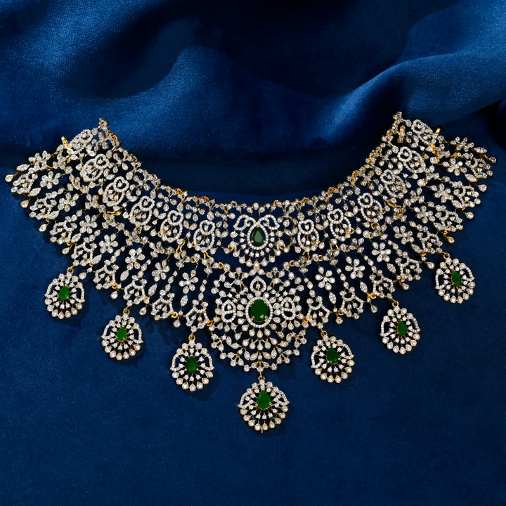 Full view of premium 92.5 silver cz emerald choker with intricate detailing by Sri Fine Jewellery,Hyderabad
(https://srifinejewellery.com)