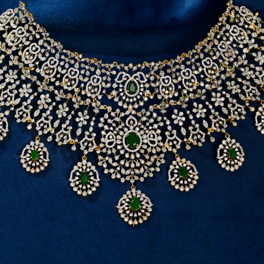 Front view of premium 92.5 silver cz emerald choker with intricate detailing by Sri Fine Jewellery, Hyderabad
(https://srifinejewellery.com)