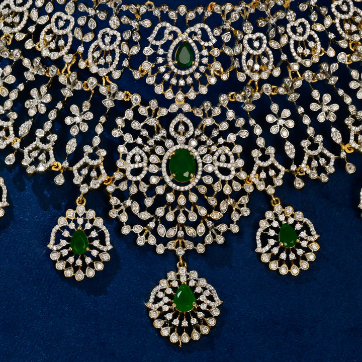 Front close-up view of premium 92.5 silver cz emerald choker with intricate detailing by Sri Fine Jewellery,Hyderabad
(https://srifinejewellery.com)